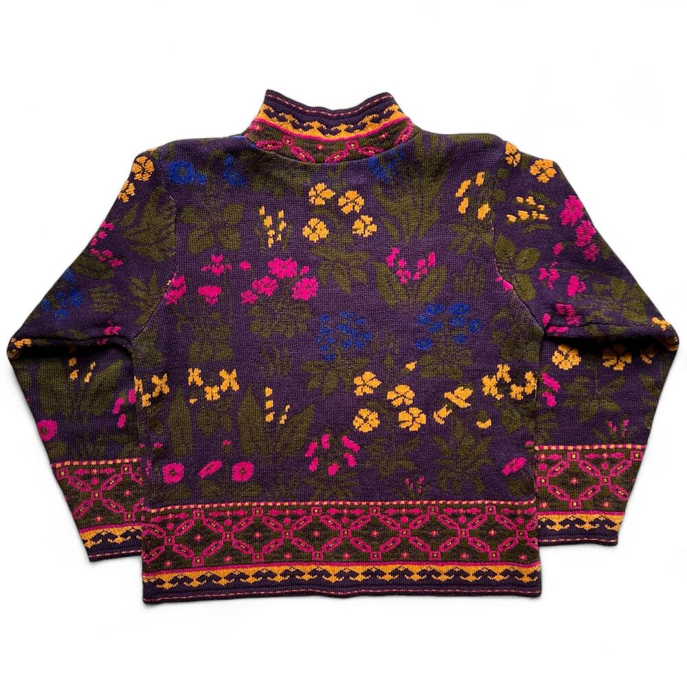 Vintage 80s Floral Pattern Mock Neck Purple Yellow Green Knit Sweater Geometric - Picture 3 of 11